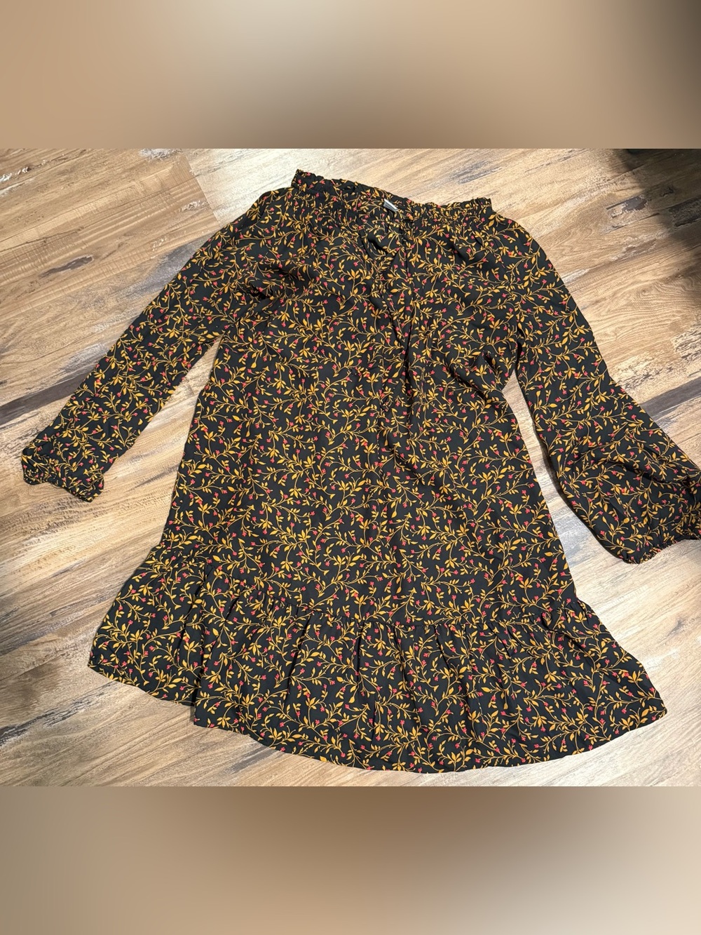 Old Navy Black Floral Ruffle-Hem Dress with Red and Yellow Accents